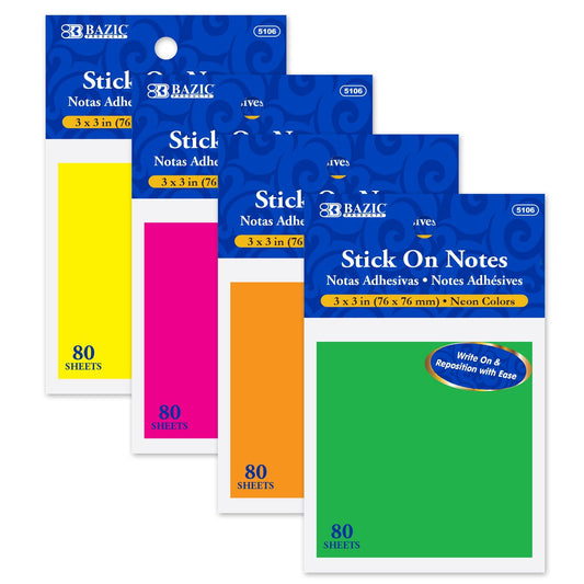 STICK ON NOTES 3" X 3" NEON COLOR 100 SHEET