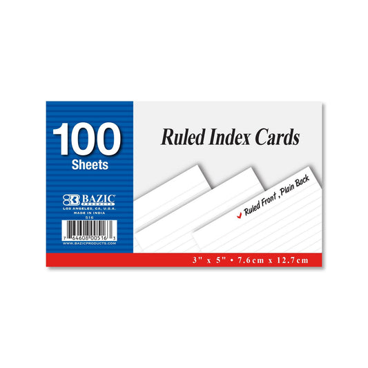 RULED WHITE INDEX CARD 3" X 5" 100 SHEET