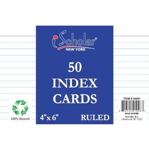 INDEX CARD WHITE RULED 4" X 6" PQT.50