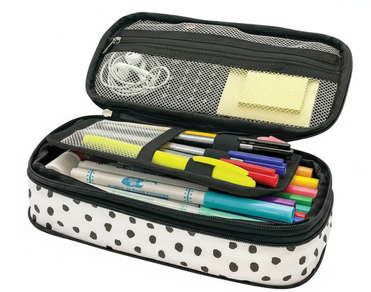 BLACK PAINTED DOTS ON WHITE PENCIL CASE