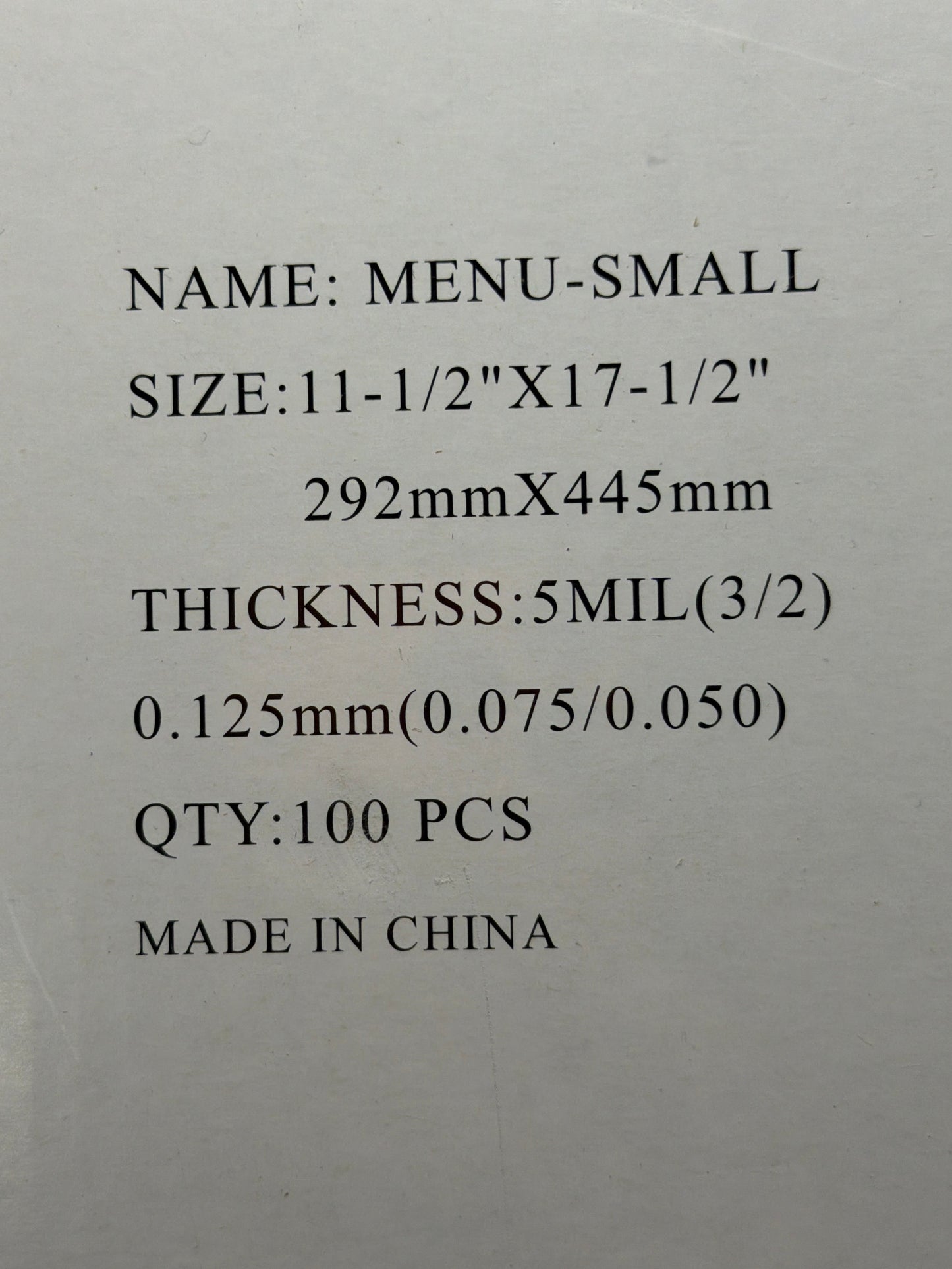 LAMINATING POUCH 5ML SMALL MENU