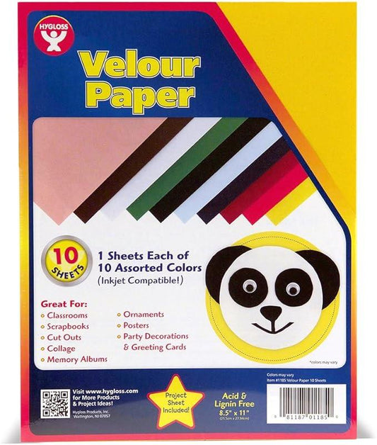Velour Paper 10 Sheets 8.5"x11'' 10 Asst Colors – imagen 1 - JA Riollano