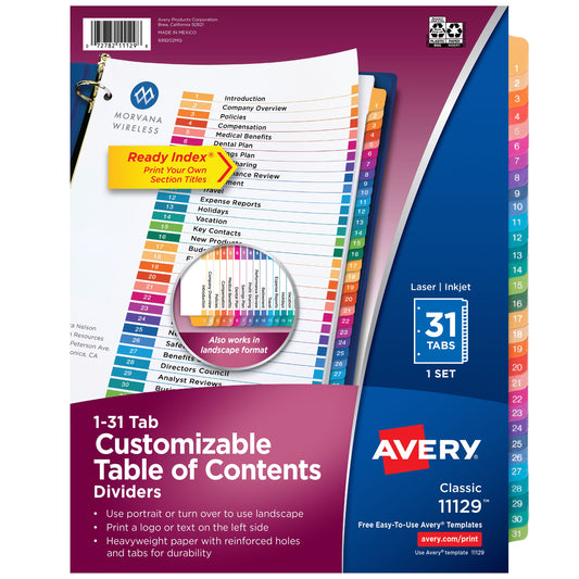 Index 1-31 Binder Dividers Multicolor Tab 1 Set