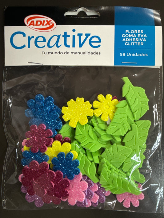 FLORES DE GOMA EVA ADHESIVA CON GLITTER 58PZS