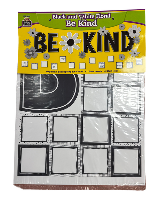 BLACK AND WHITE FLORAL BE KIND BULLETIN BOARD 60PC