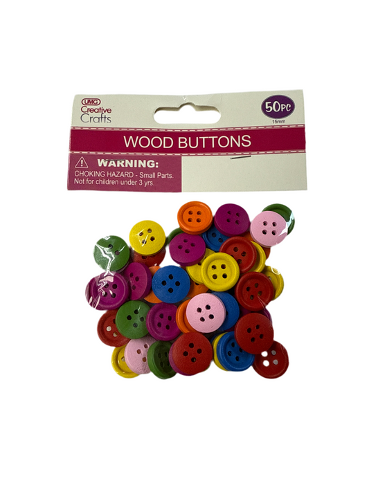WOOD CRAFT BUTTONS (COL) 15MM 50PC