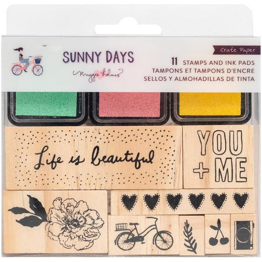 STAMP AND INK PADS WOODEN KIT SUNNY DAYS 11PCS