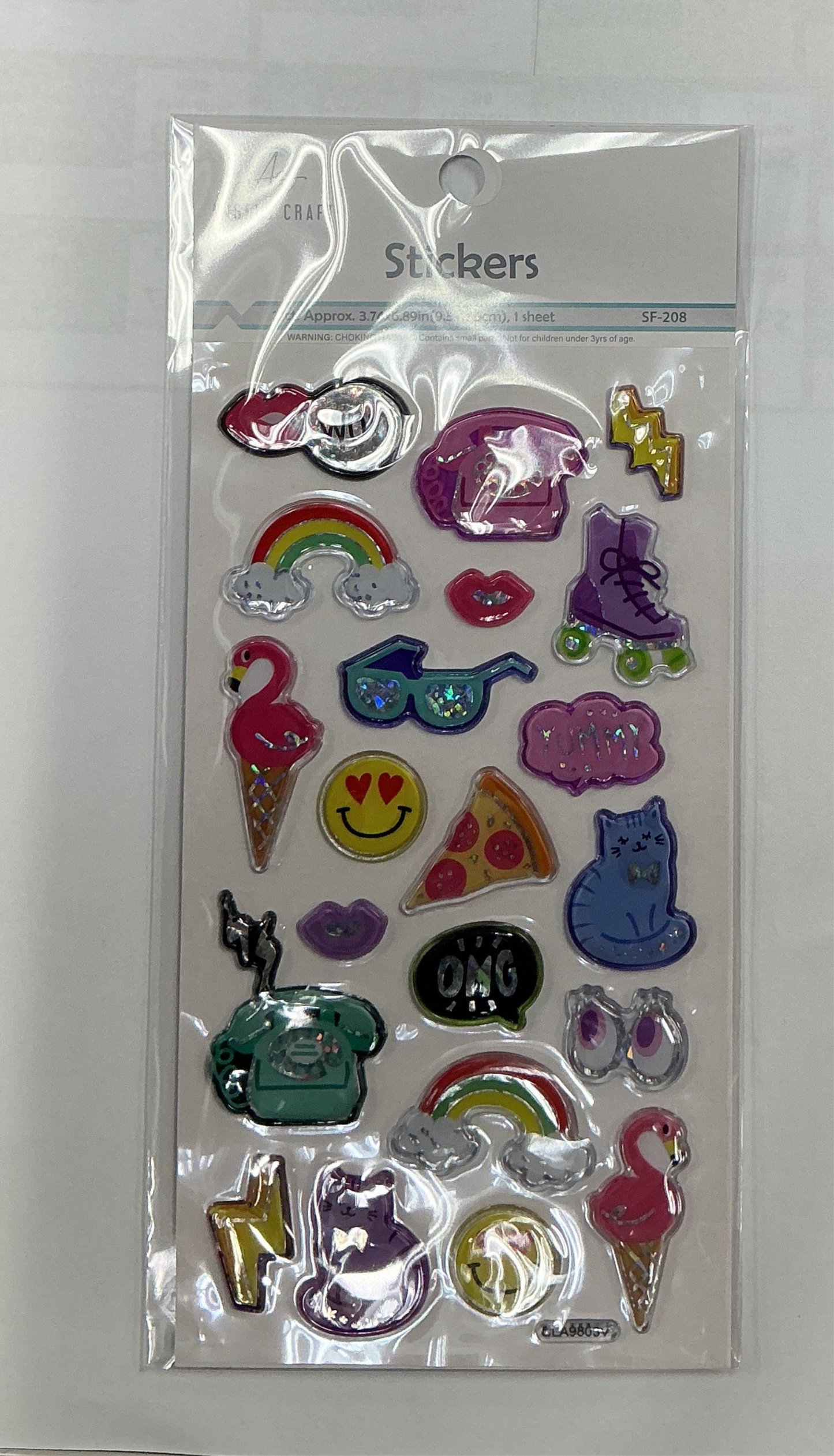 21 ct poxy Stickers, Retro Vibes Cute Pop cons, Raised Outline W/ Iridescent Accents, Sheet Size: 6.8" x 3.7”