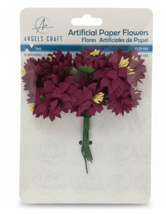 Paper lowers, Wine Color ahlia w/ ellow Pistils, Size: 1.5"| 9ct