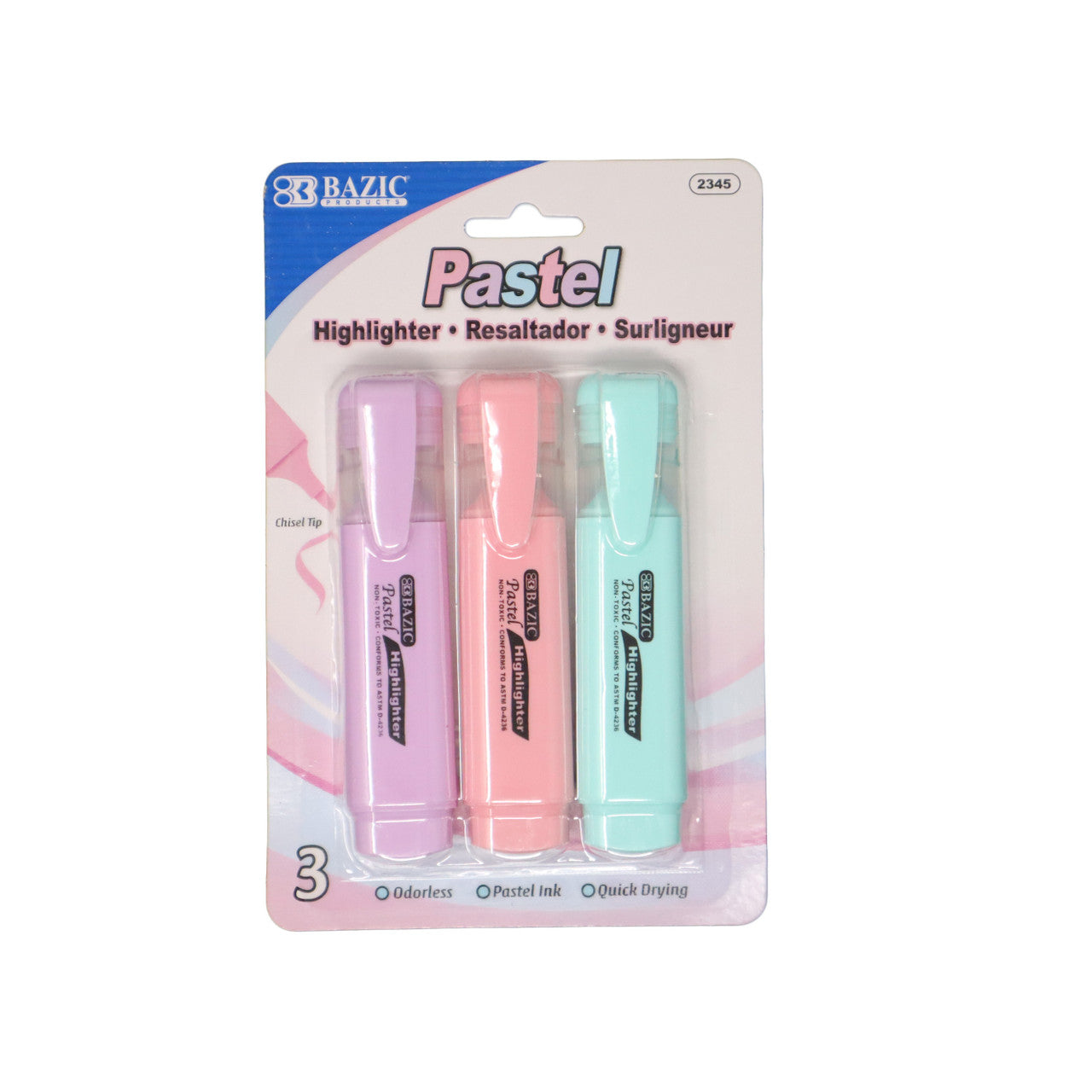 PASTEL HIGHLIGHTERS W/POCKET CLIP 3/PK
