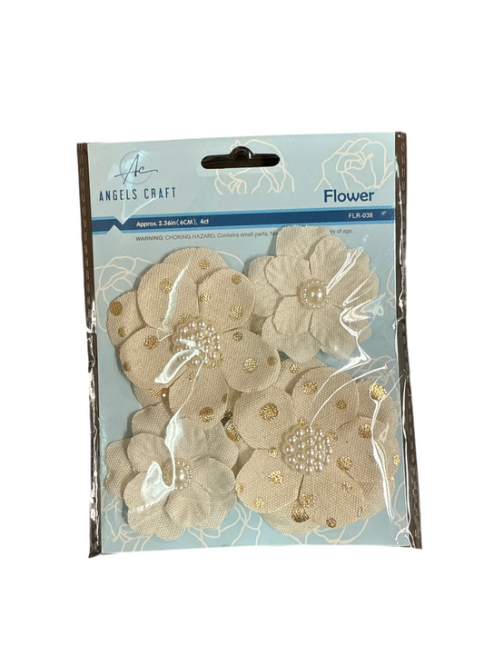 CANVAS BURLAP ADHESIVE FLOWER W/PEARL WHITE & GOLD