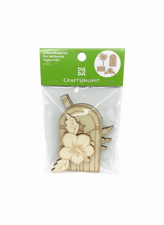 2.5mm Wood Cut-Out Boricua Set (Palm Tree, Door, Flag & Amapola)