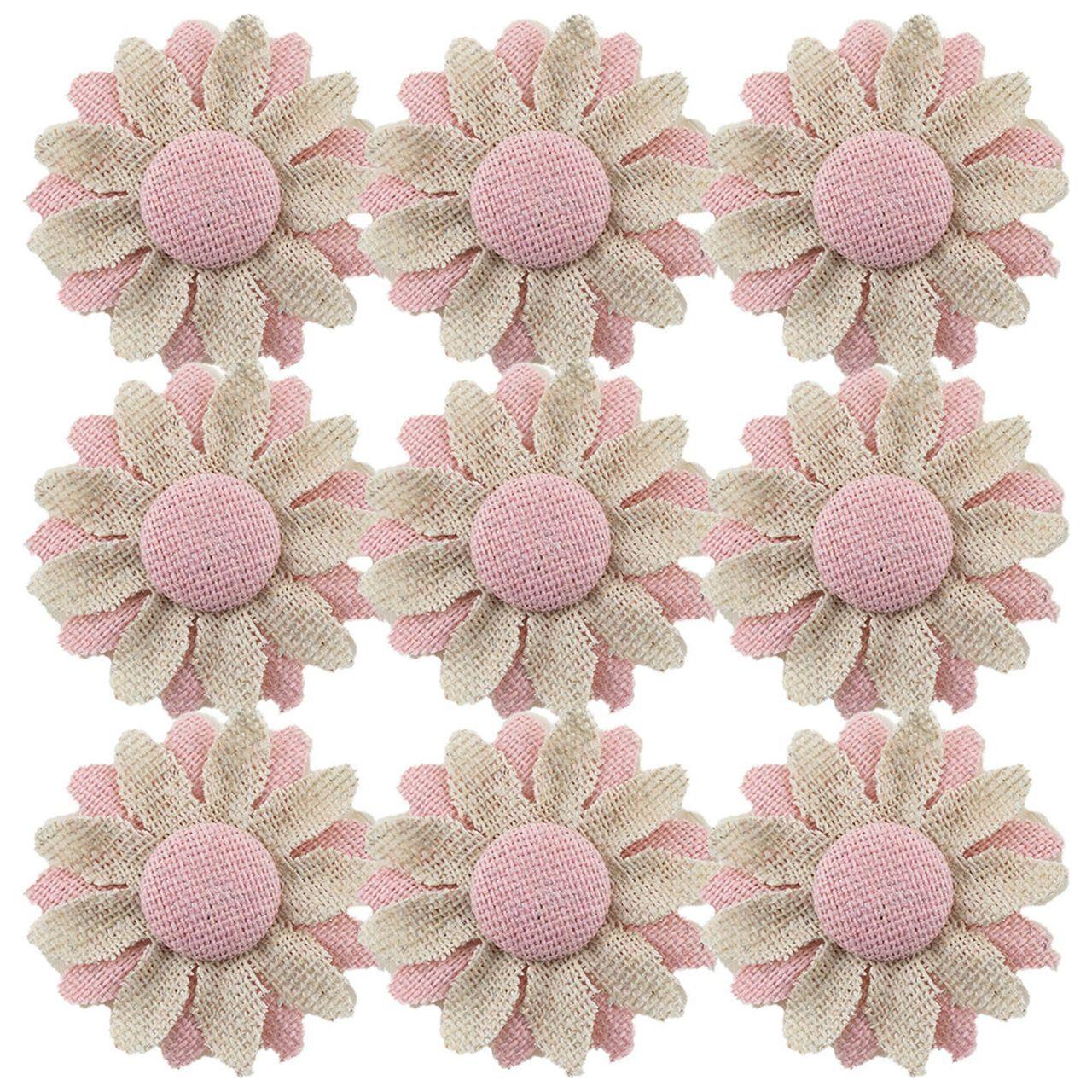 CANVA BURLAP ADHESIVE FLOWER 1.5" PINK NATURAL 9PC