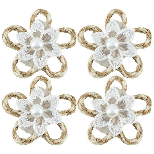 FABRIC ADHESIVE FLOWER W/CENTER PEARL 2'' 4 PC