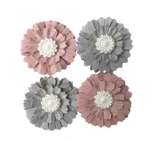 CANVAS FLOWER W/WHITE PEARL-MAUVE & GREY 4 PC
