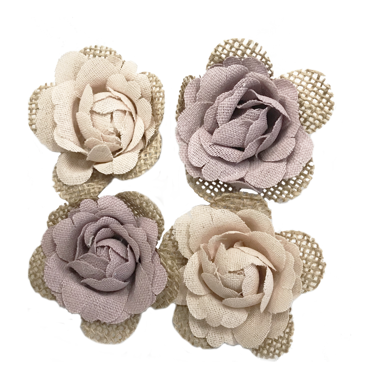 CANVAS FLOWER W/BURLAP LIGHT PINK & MAUVE 4 PC
