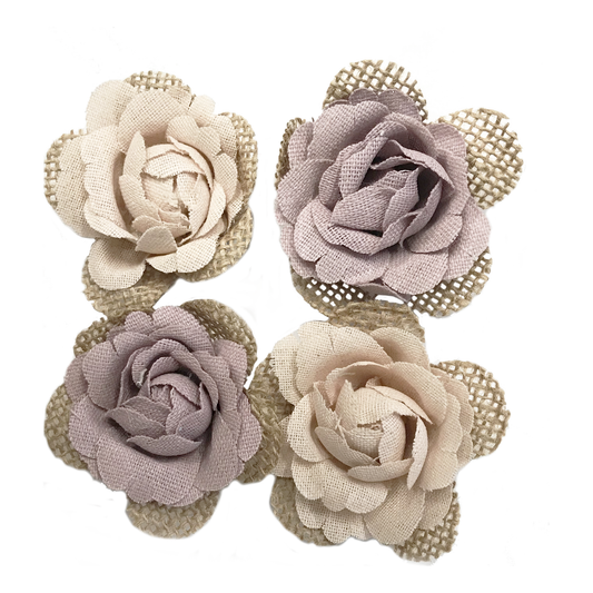 CANVAS FLOWER W/BURLAP LIGHT PINK & MAUVE 4 PC