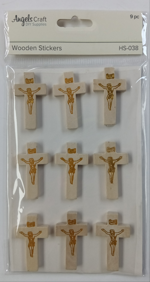 9CT WOODEN CROSS STICKERS, LT BROWN