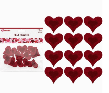 FELT HEARTS RED 12PC 3CM