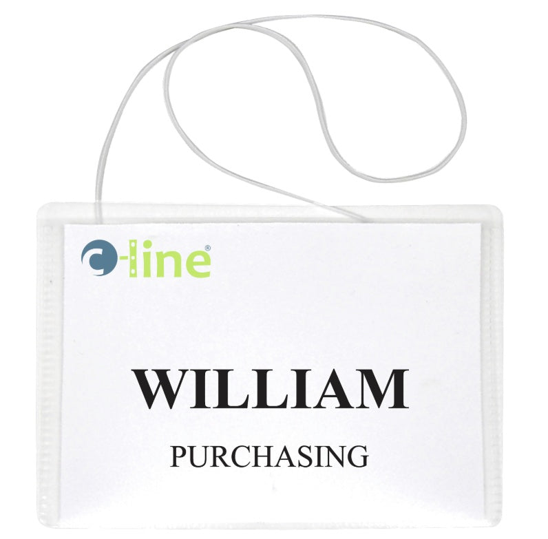 Hanging Style Name Badge Kit w/White Elastic Cord, Sealed with Inserts, 4 x 3, 50/BX