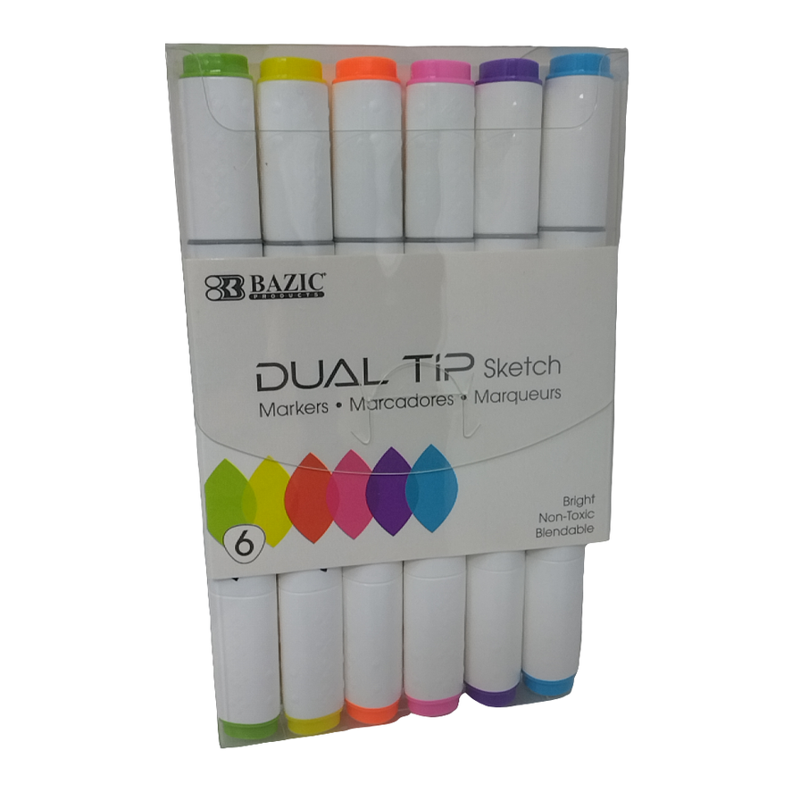 DUAL TIP SKETCH MARKERS 6 FLUORESCENT COLORS