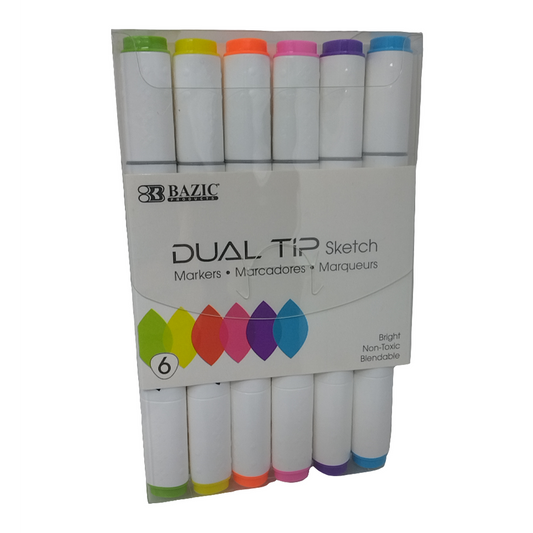 DUAL TIP SKETCH MARKERS 6 FLUORESCENT COLORS