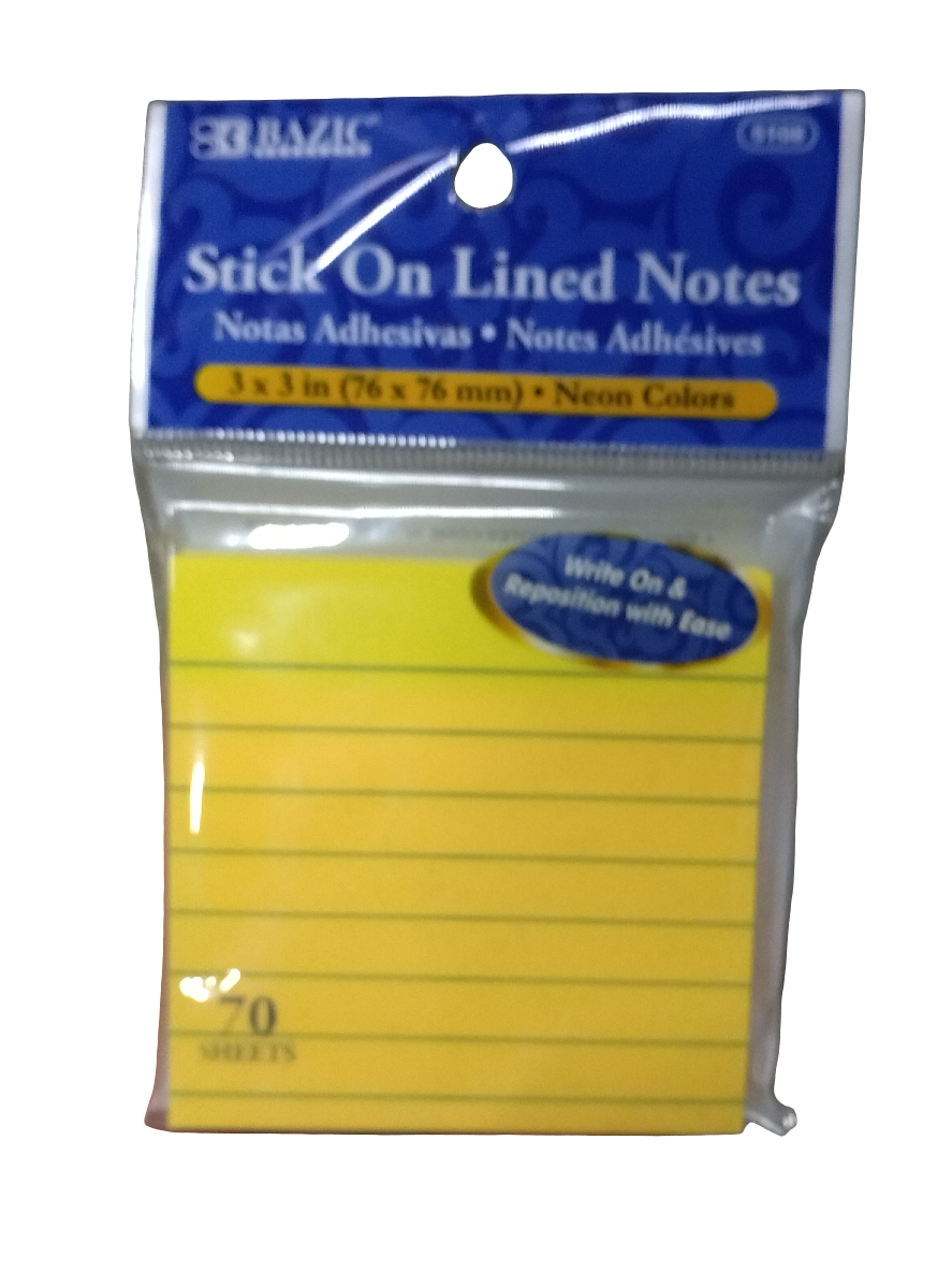 LINED STICK ON NOTES NEON 3" X 3"