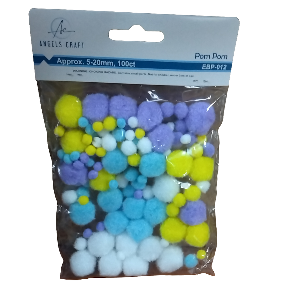 POM-POMS ASST. COLORS AND SIZES WHITE PURPLE BLUE