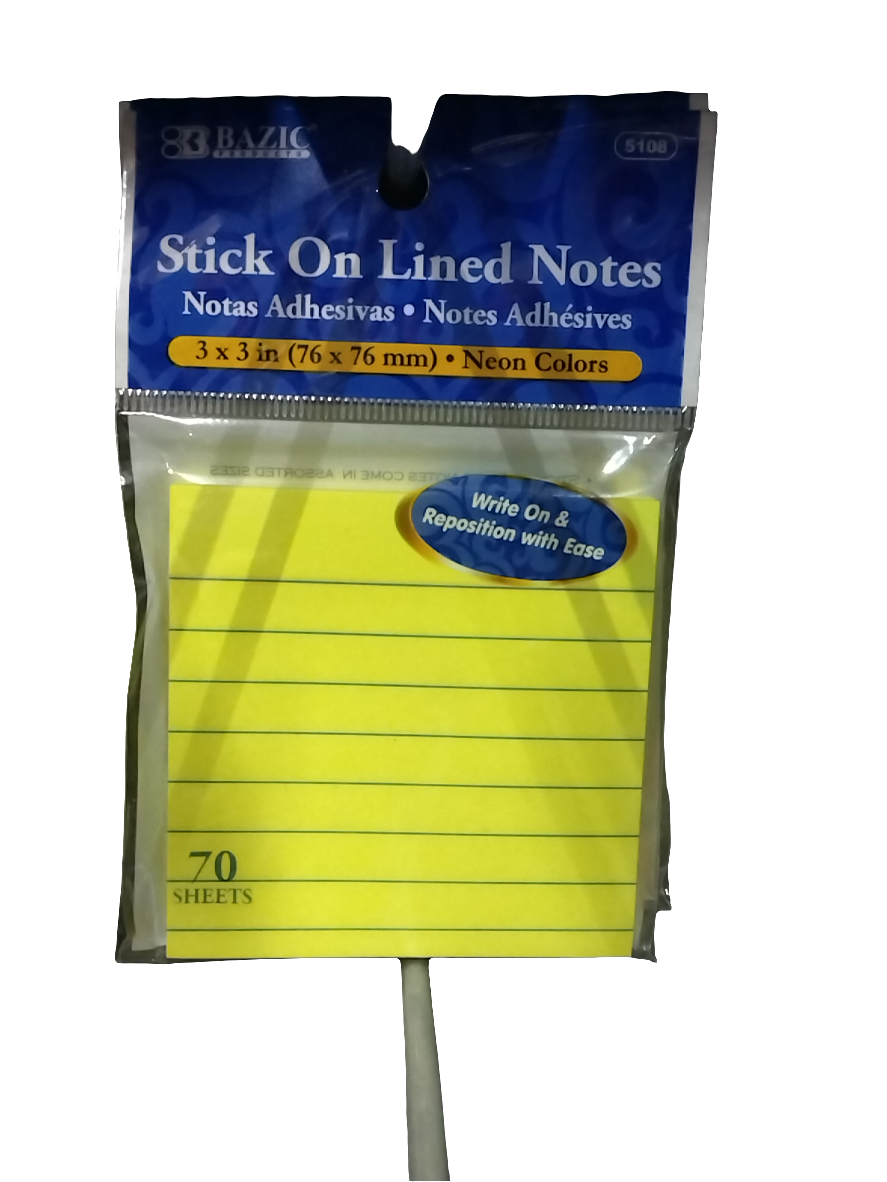 LINED STICK ON NOTES NEON 3" X 3"