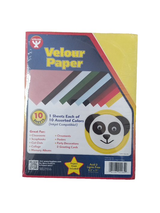 VELOUR PAPER 10 SHEETS 8.5"X11'' 10 ASST COLORS