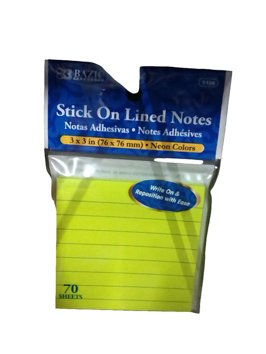 LINED STICK ON NOTES NEON 3" X 3"
