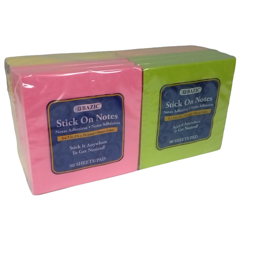 STICK ON NOTES 3" X 3" NEON 12/PK