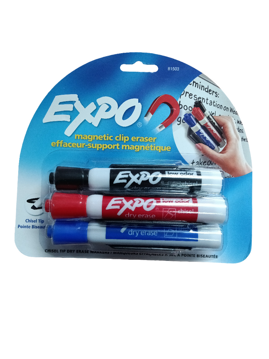 EXPO MAGNETIC CLIP ERASER W/3 LOW CHISEL MARKERS