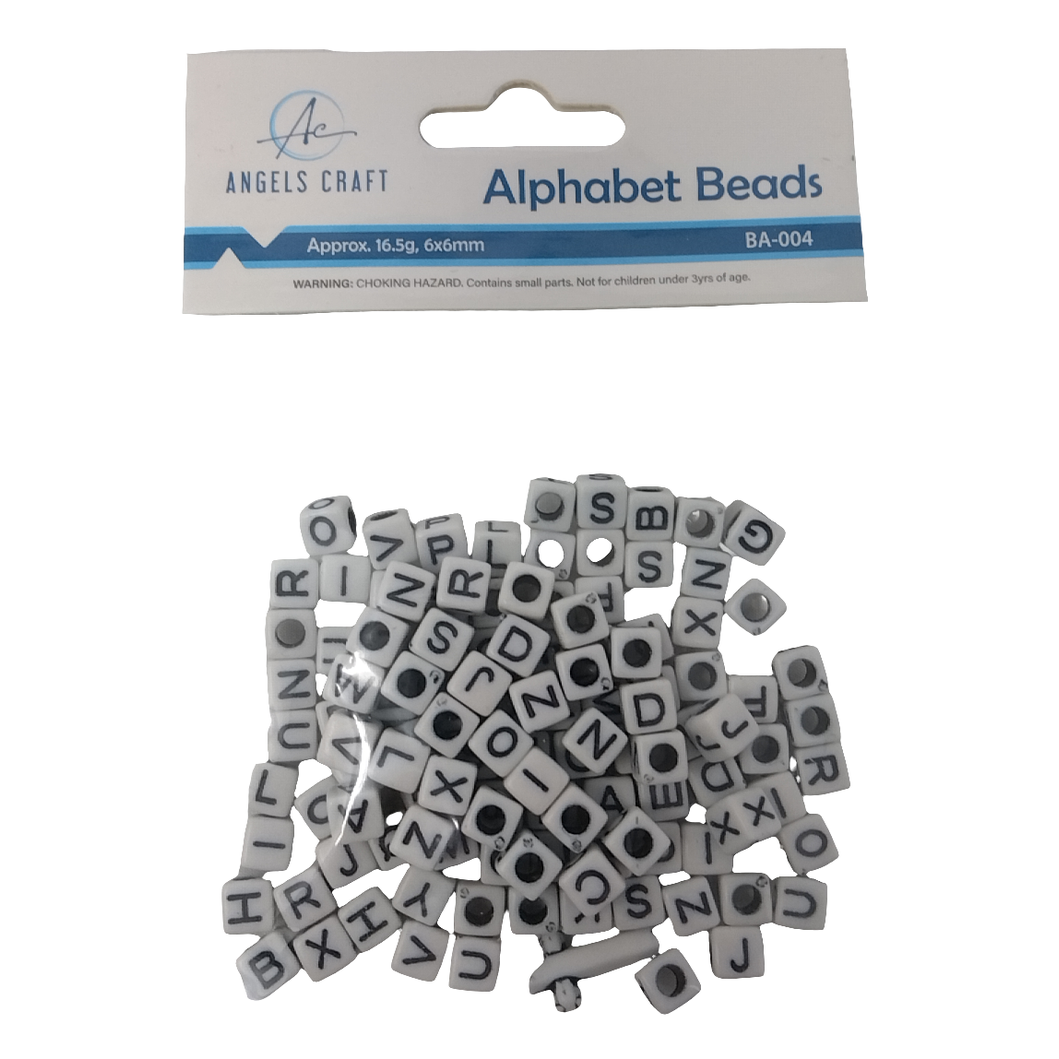 ALPHABET BEADS-SQUARE WH/BK 6MM 120CT