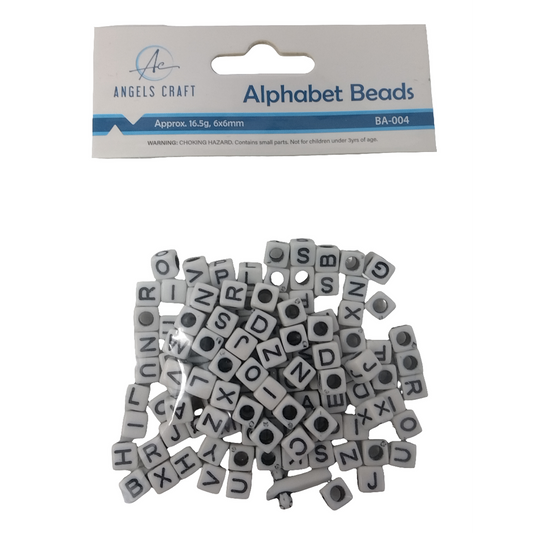 ALPHABET BEADS-SQUARE WH/BK 6MM 120CT