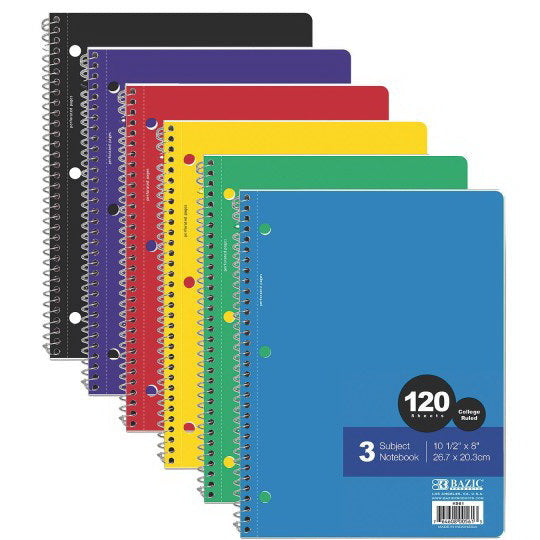 NOTEBOOK SPIRAL C/R 3-SUBJECT 120 SHEETS #5502 (3pk)
