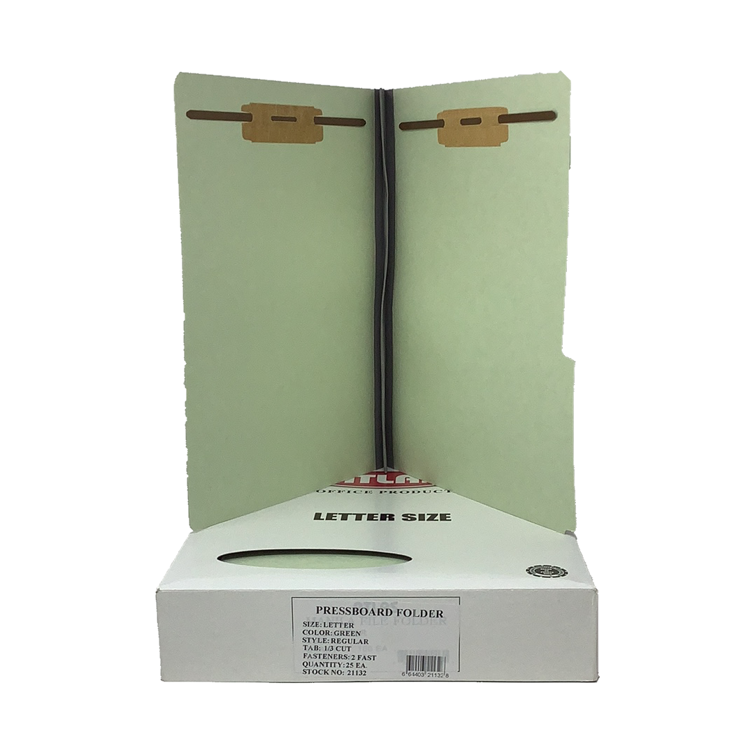 PRESSBOARD FOLDER 2 FASTENER GREEN LETTER BOX/25