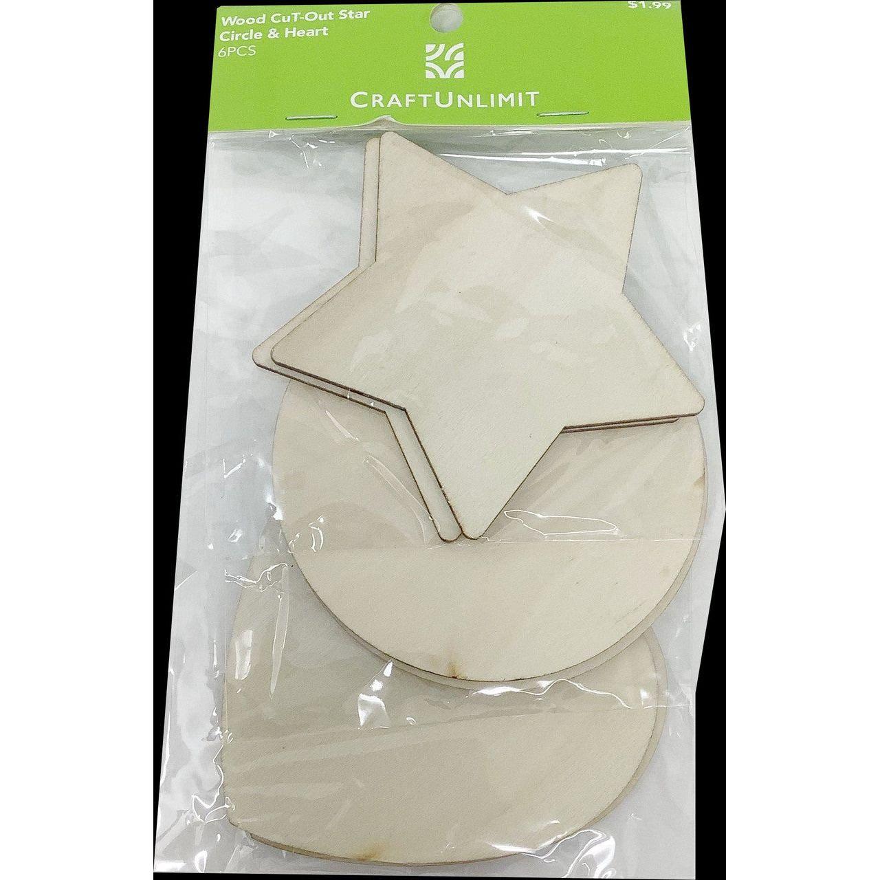 WOOD CUT-OUT STAR, CIRCLE AND HEART