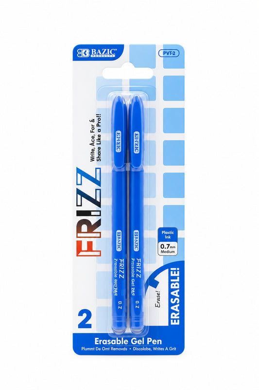 BAZIC Frizz Blue Erasable Gel Pen | 0.7 medium (2/Pack) - JA Riollano