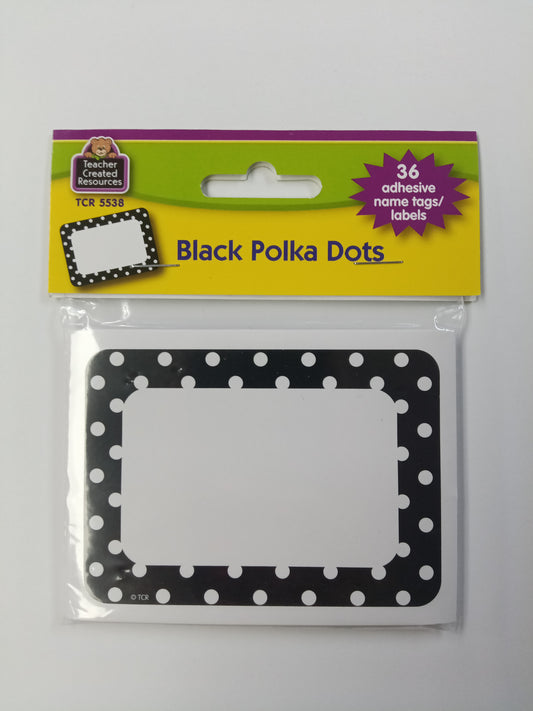 BLACK POLKA DOTS 2 NAME TAGS 36PCS