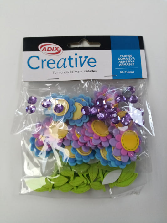 FLORES DE GOMA EVA ADHESIVA 68PZS