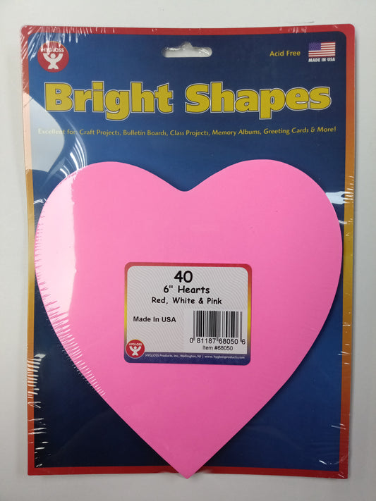 BRIGHT SHAPES 6" HEART RED, WHITE, AND PINK 40PCS