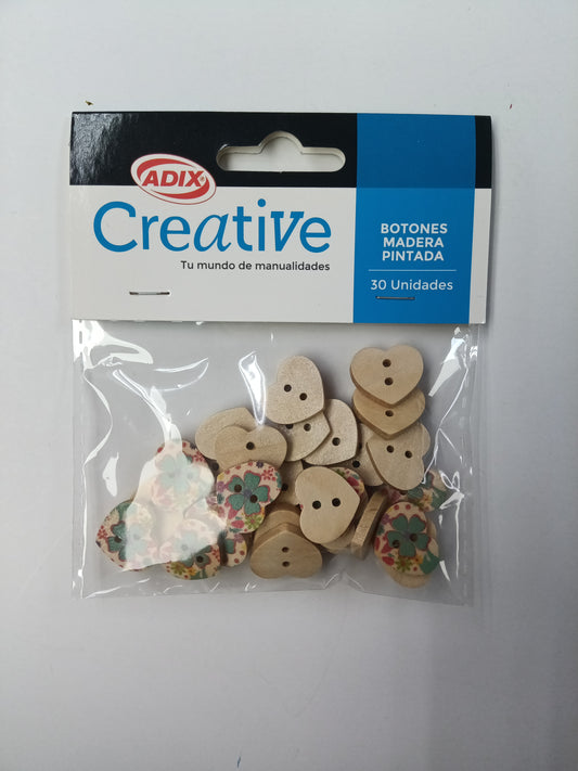CORAZONES BOTON MADERA PINTADA 30PCS