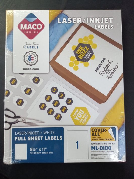 Labels Full Sheet 8-1/2x11 White 100pc