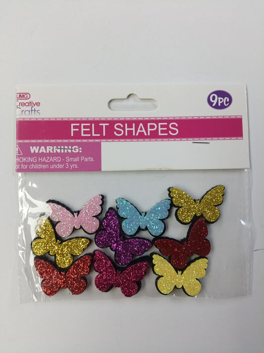 FELT BUTTERFLY GLITTER 9PC 3X2CM