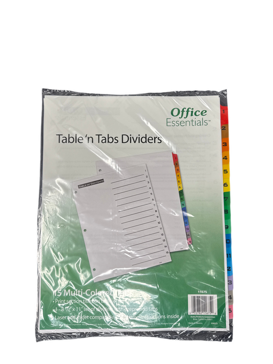 TABLE 'N TABS DIVIDERS 15 TAB LETTER MULTICOLOR
