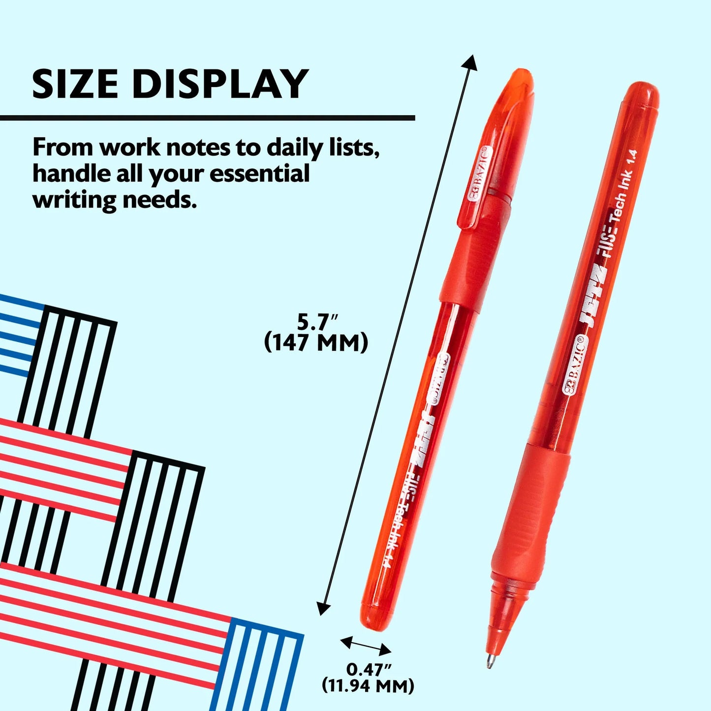 BAZIC Jetz 1.4 mm Tip Asst. Color FUSE Tech Ink Pen w/ Cushion Grip (8/Pack)