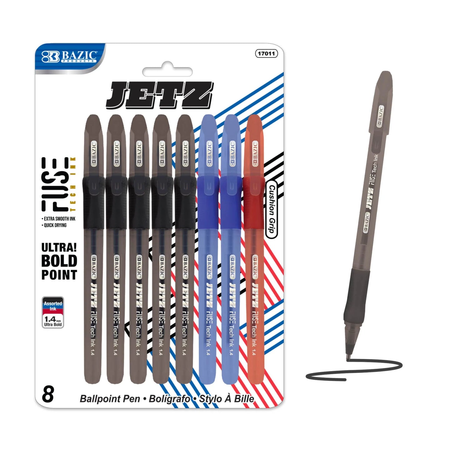 BAZIC Jetz 1.4 mm Tip Asst. Color FUSE Tech Ink Pen w/ Cushion Grip (8/Pack)