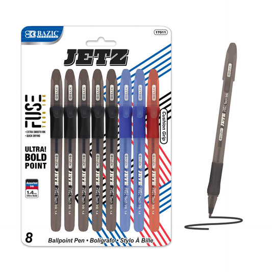 BAZIC Jetz 1.4 mm Tip Asst. Color FUSE Tech Ink Pen w/ Cushion Grip (8/Pack)