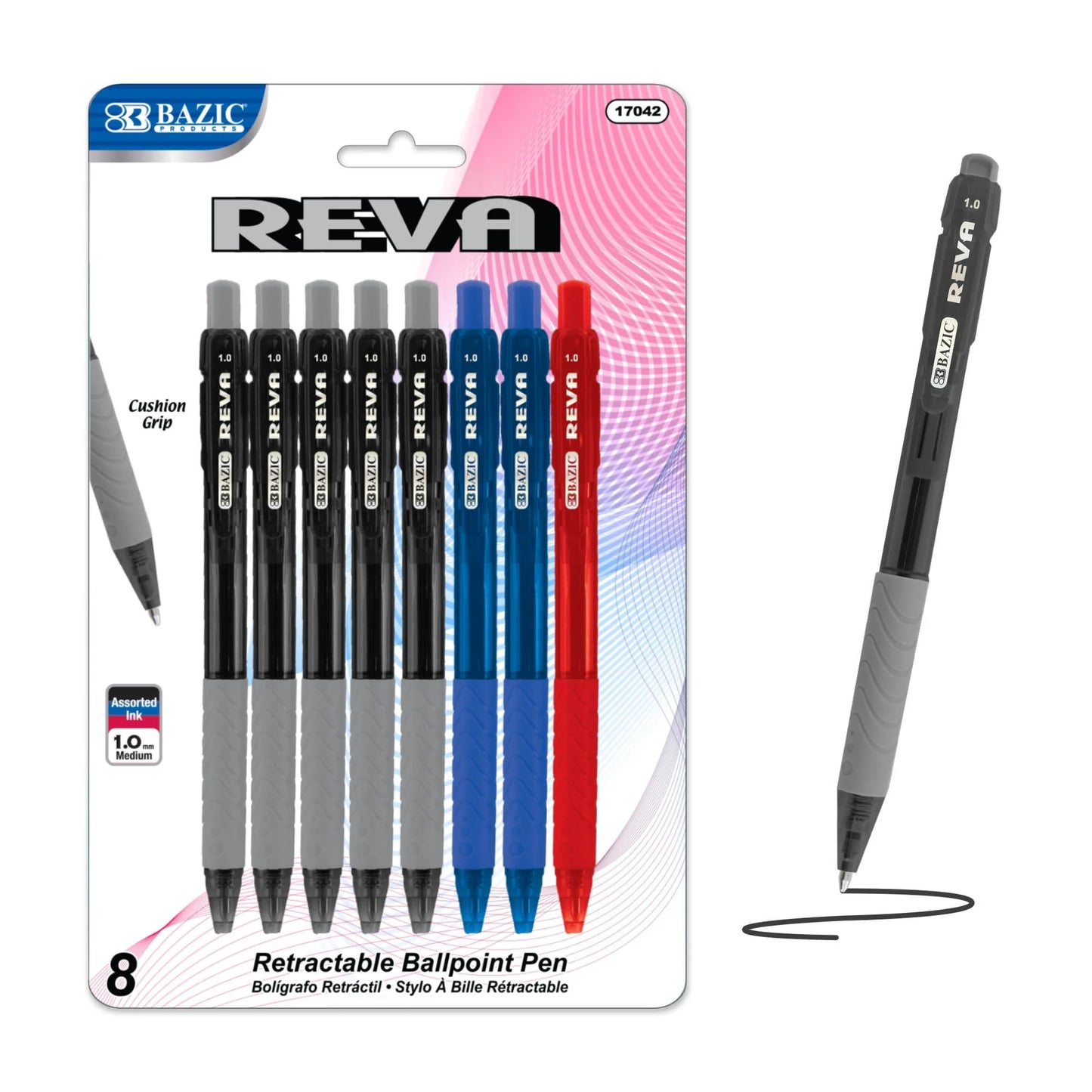 BAZIC Reva Asst. Color Retractable Pen w/Cushion Grip (8/Pack)